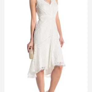 White Taylor V-Neck Lace Overlay High-Low Dress